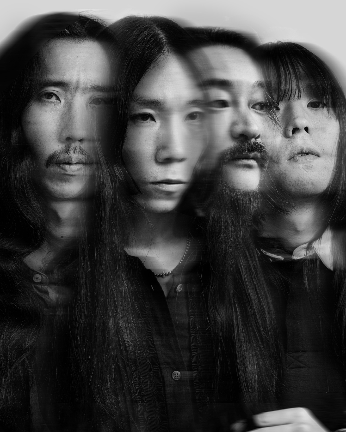 This is a black-and-white portrait of Bo Ningen. The faces of the four band members are partially overlapped, blending into each other.